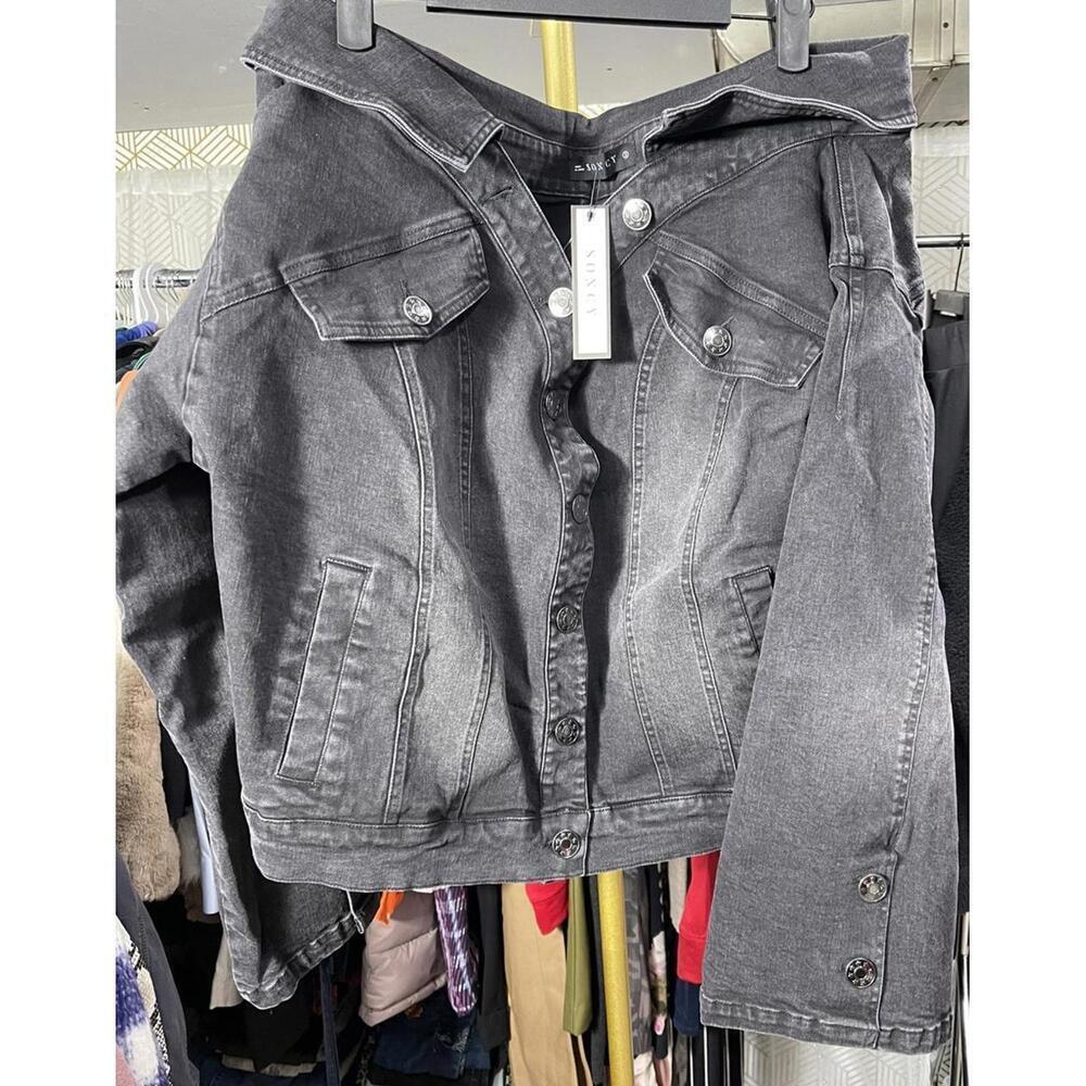 NWT Soncy, Black Color, Off The Shoulder, Denim Jacket, Size SONCY 4 (26)